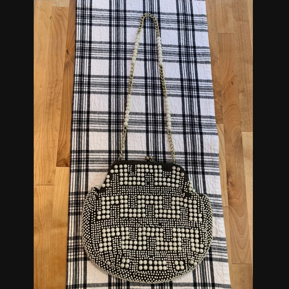 Vintage Black Purse with White Beading Clasp Top